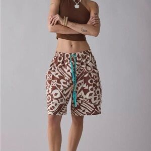 BDG by Urban Outfitters Brown and Cream Patterned Shorts with Blue Drawstring